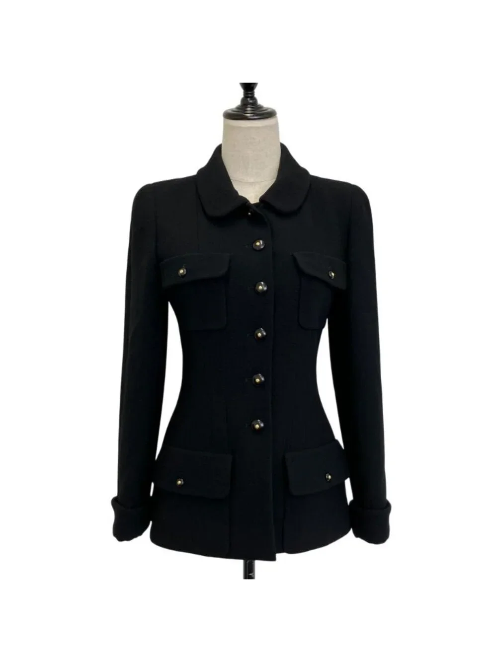 Chanel Vintage CC Logo Button Tweed Jacket Skirt Set 38 Black